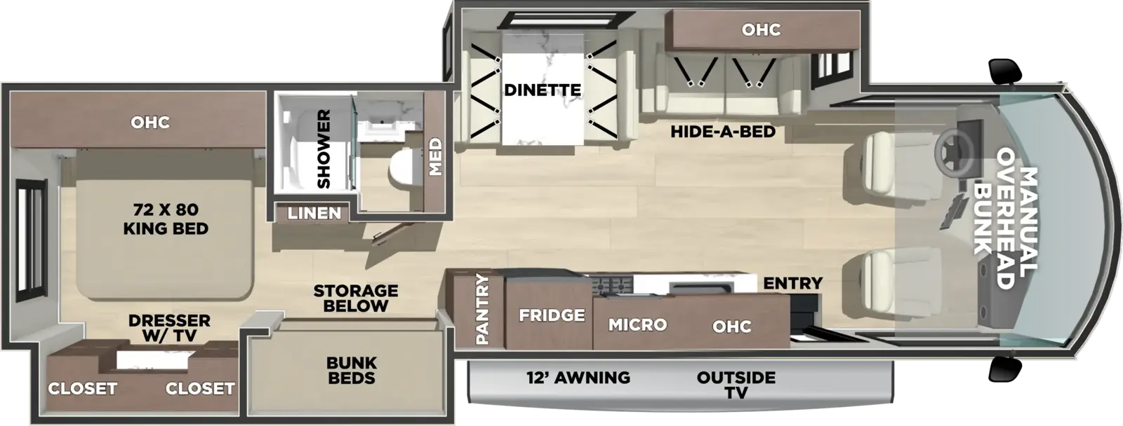 The Georgetown 3 Series GT3 33B3 floorplan has one entry and two slide outs. Exterior features include: 12' awning and outside entertainment. Interiors features include: bunk beds, rear bedroom, bunk over cab and dinette.