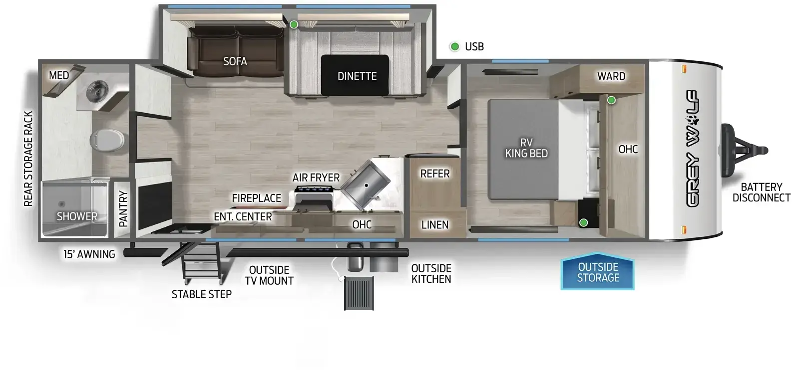 The Cherokee Black Label 26LKBL floorplan has one entry and one slide out. Exterior features include: fiberglass exterior, 15' awning and outside kitchen. Interiors features include: u-dinette, front bedroom and rear bathroom.