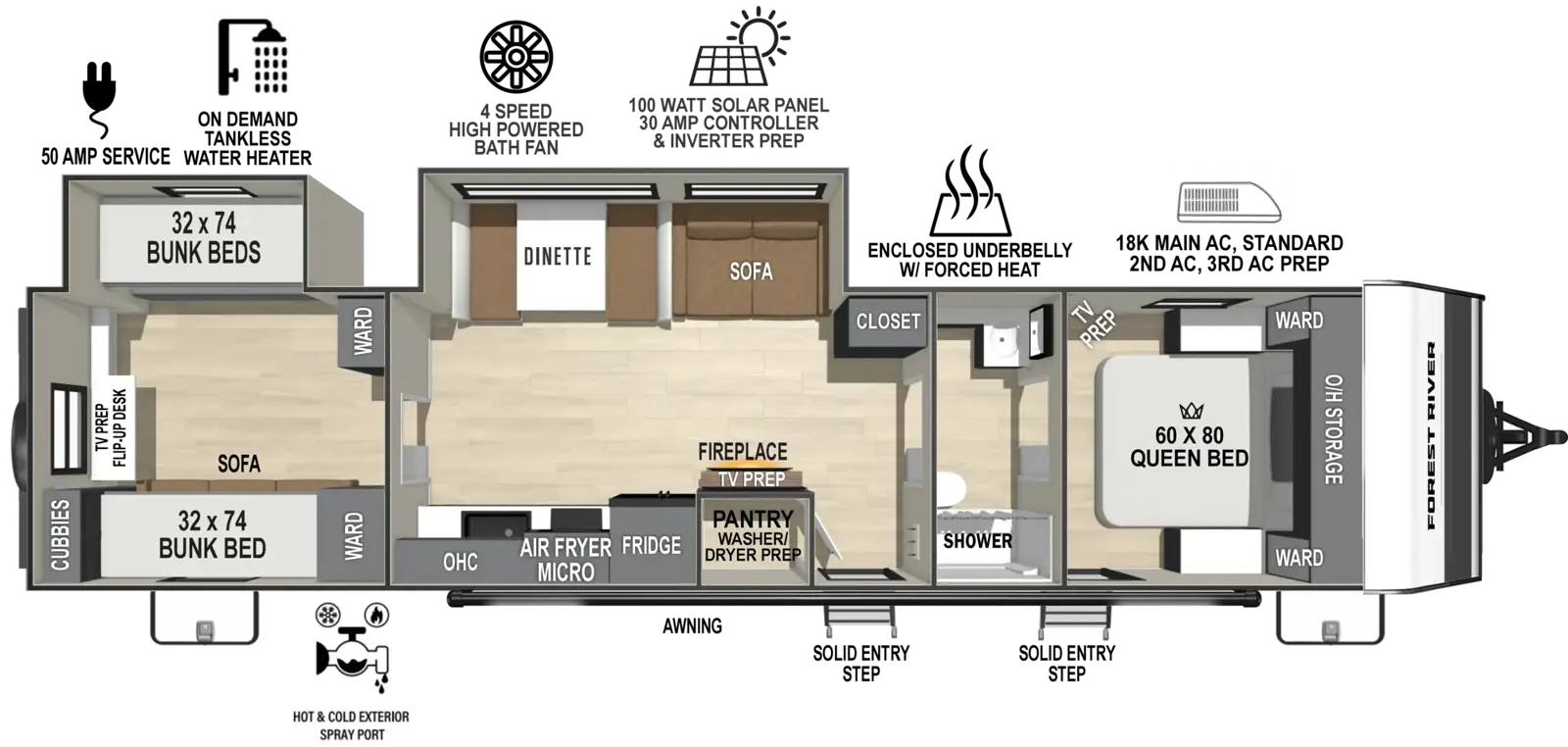 The Ibex New Trail Edition TRAIL31 floorplan has two entries and two slide outs. Exterior features include: fiberglass exterior and 21' awning. Interiors features include: bunk beds, front bedroom and pass through bathroom.
