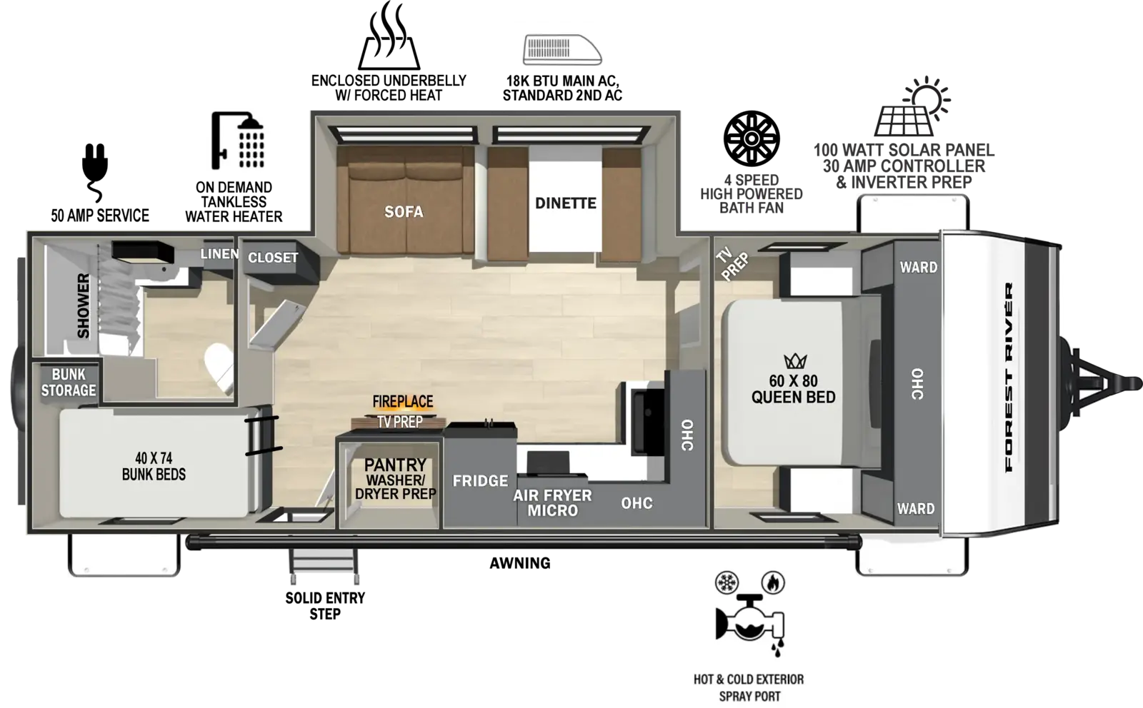 The Ibex New Trail Edition TRAIL26 floorplan has one entry and one slide out. Exterior features include: fiberglass exterior and 20' awning. Interiors features include: bunk beds and front bedroom.