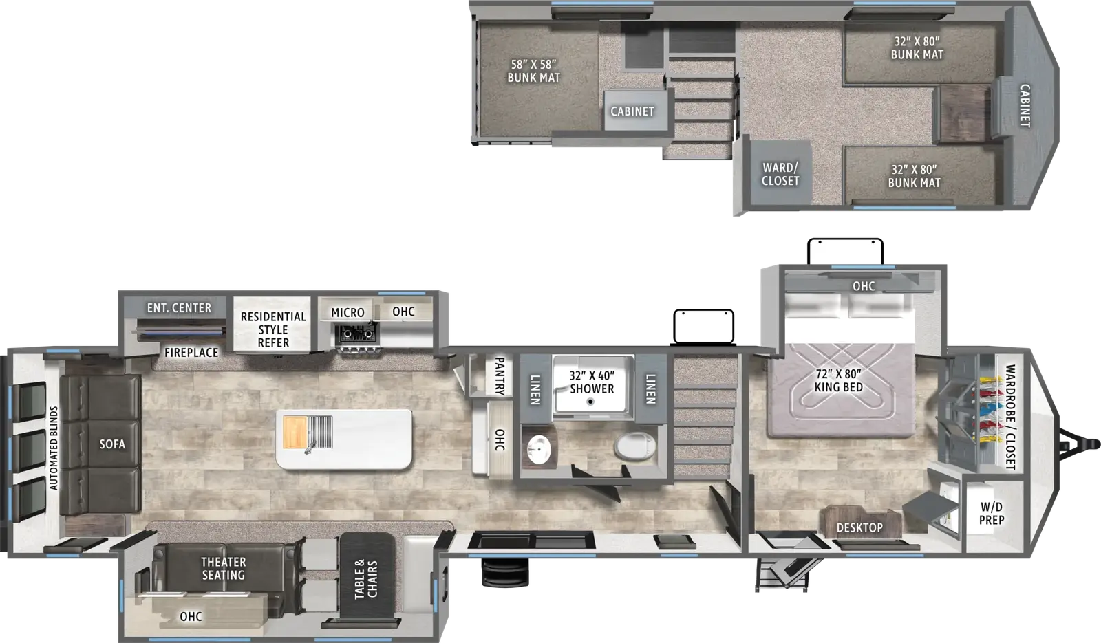 The Puma Destination 401RLFT floorplan has two entries and three slide outs. Exterior features include: metal exterior and 21' awning. Interiors features include: loft, kitchen island, free-standing dinette option, front bedroom and rear living.