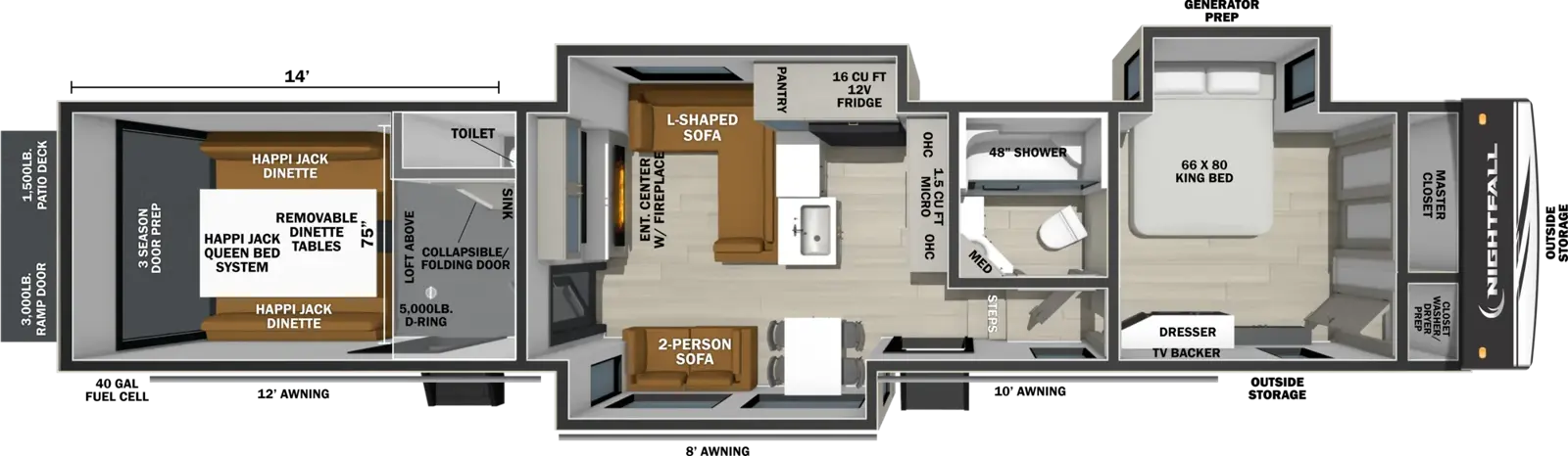 The Nightfall 404NHD floorplan is a toy hauler that has two entries and three slide outs. Exterior features include: fiberglass exterior, 12', 8' and 10' awning. Interiors features include: front bedroom and bathroom and a half.