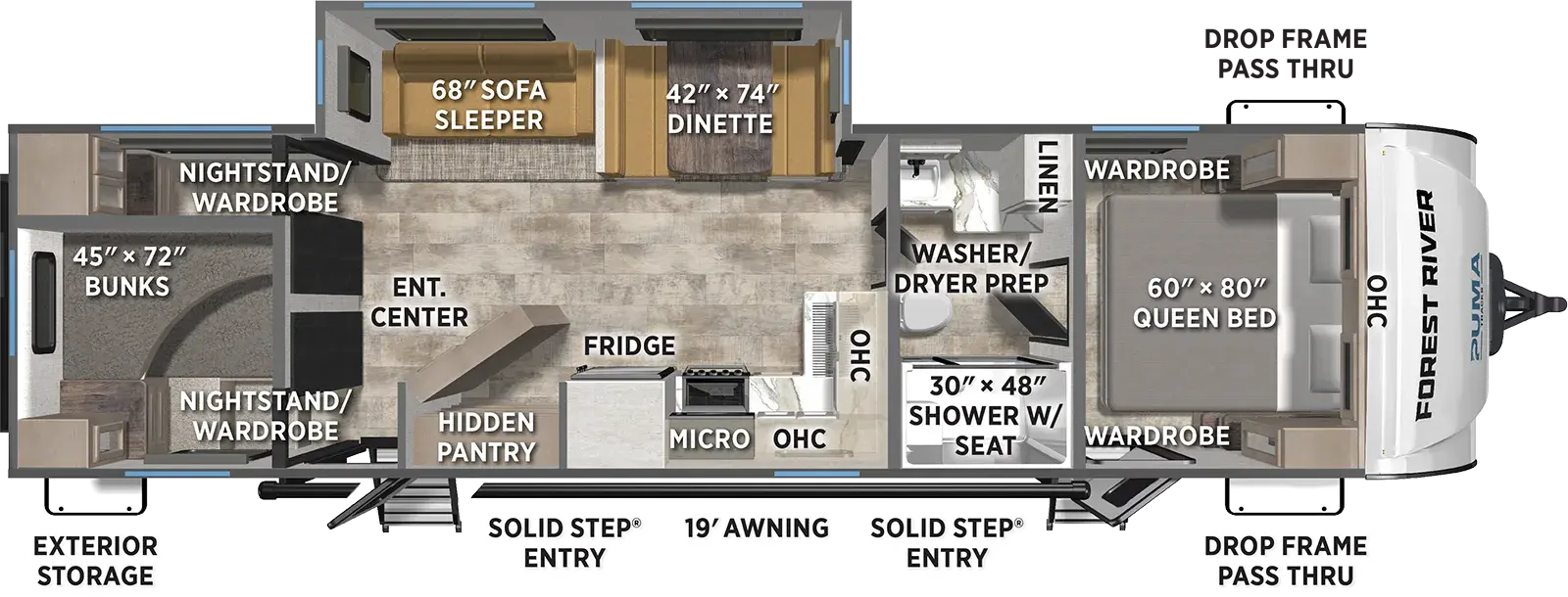 The Puma Tracks 3150TBSS floorplan has two entries and one slide out. Exterior features include: fiberglass exterior and 19' awning. Interiors features include: bunk beds, front bedroom and pass through bathroom.