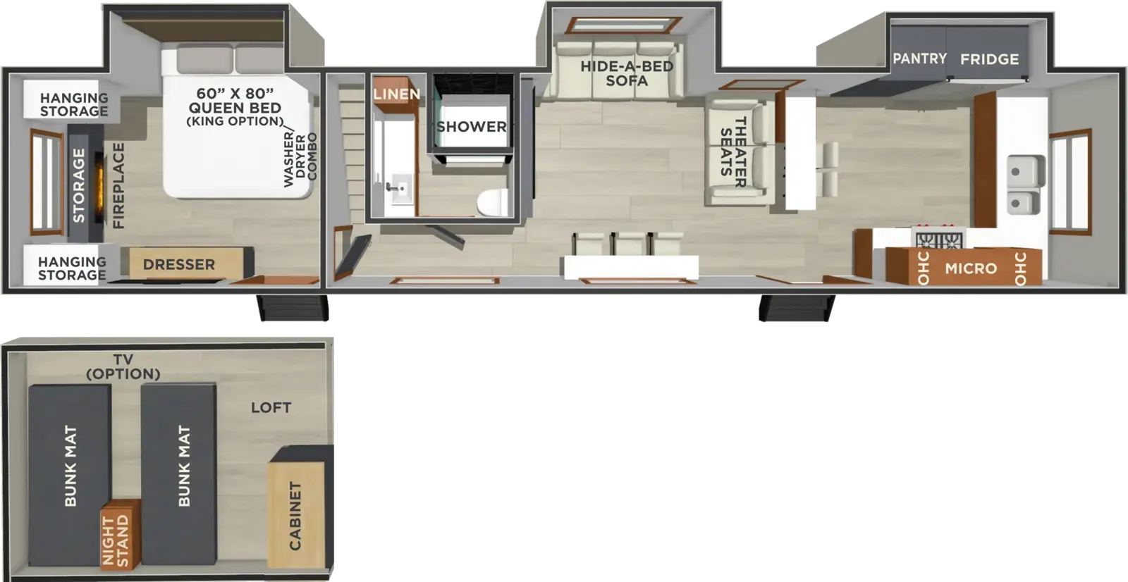 The Lost Pines ASPEN floorplan has two entries and three slide outs. Exterior features include: fiberglass exterior. Interiors features include: loft, front kitchen and rear bedroom.