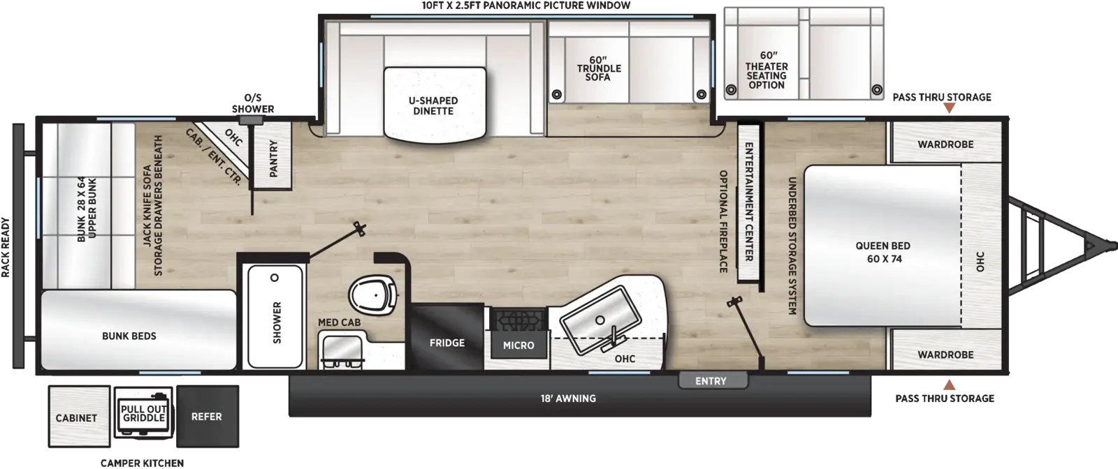 The Catalina Legacy Edition 293QBCK floorplan has one entry and one slide out. Exterior features include: metal exterior, 18' awning and outside kitchen. Interiors features include: bunk beds, u-dinette and front bedroom.