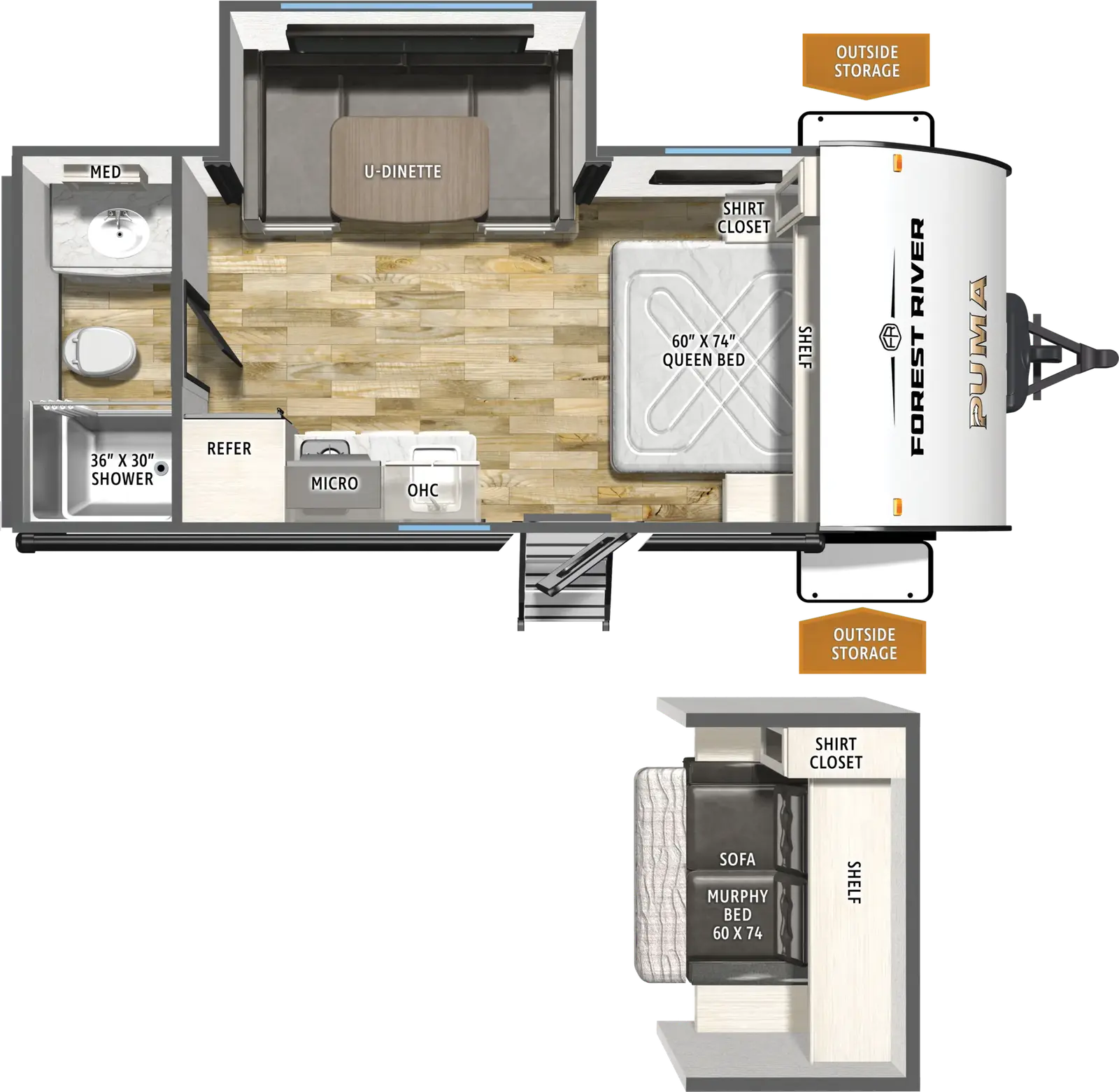The Puma Camping Edition 16DSCE floorplan has one entry and one slide out. Exterior features include: metal exterior and 14' awning. Interiors features include: u-dinette, front bedroom, murphy bed and rear bathroom.