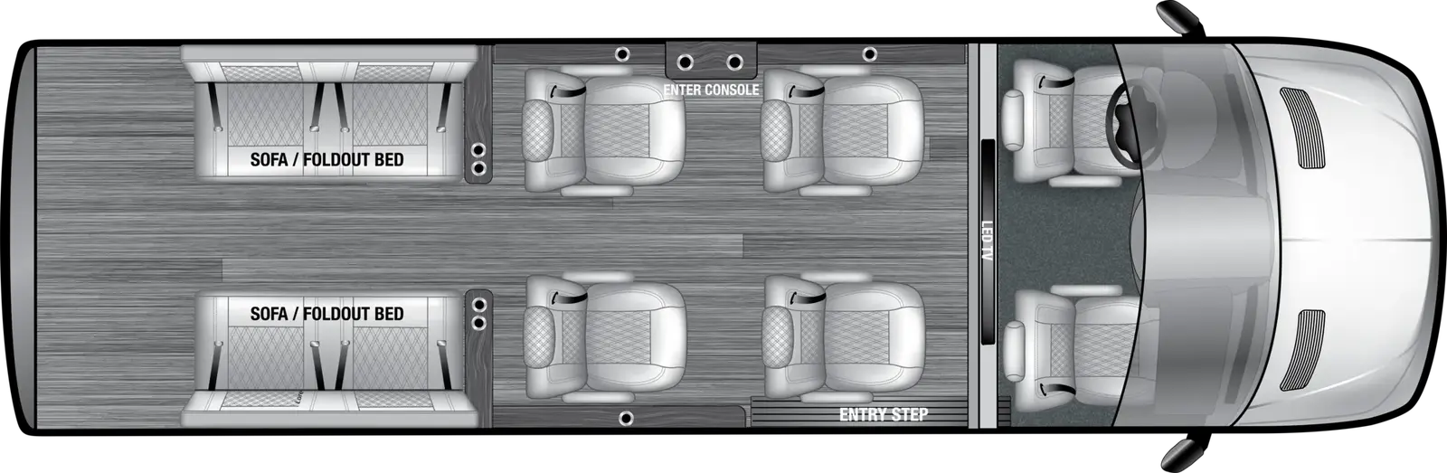 The VSPORT 10OB floorplan has one entry and zero slide outs. Exterior features include: 8' 2" awning. Interiors features include: captain chairs.