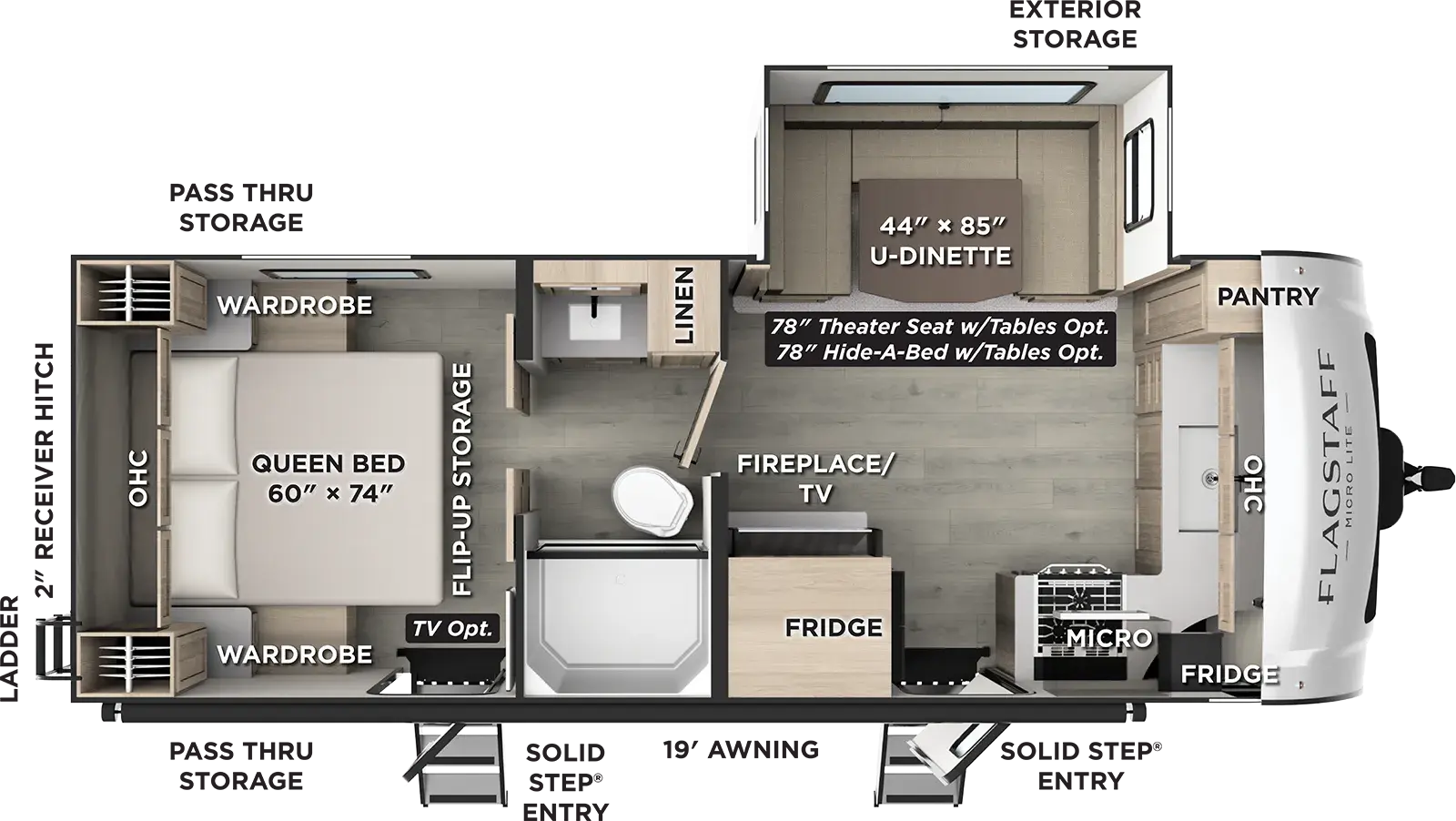 The Flagstaff Micro Lite 25FKB floorplan has two entries and one slide out. Exterior features include: fiberglass exterior and 19' awning. Interiors features include: front kitchen, u-dinette, rear bedroom and pass through bathroom.