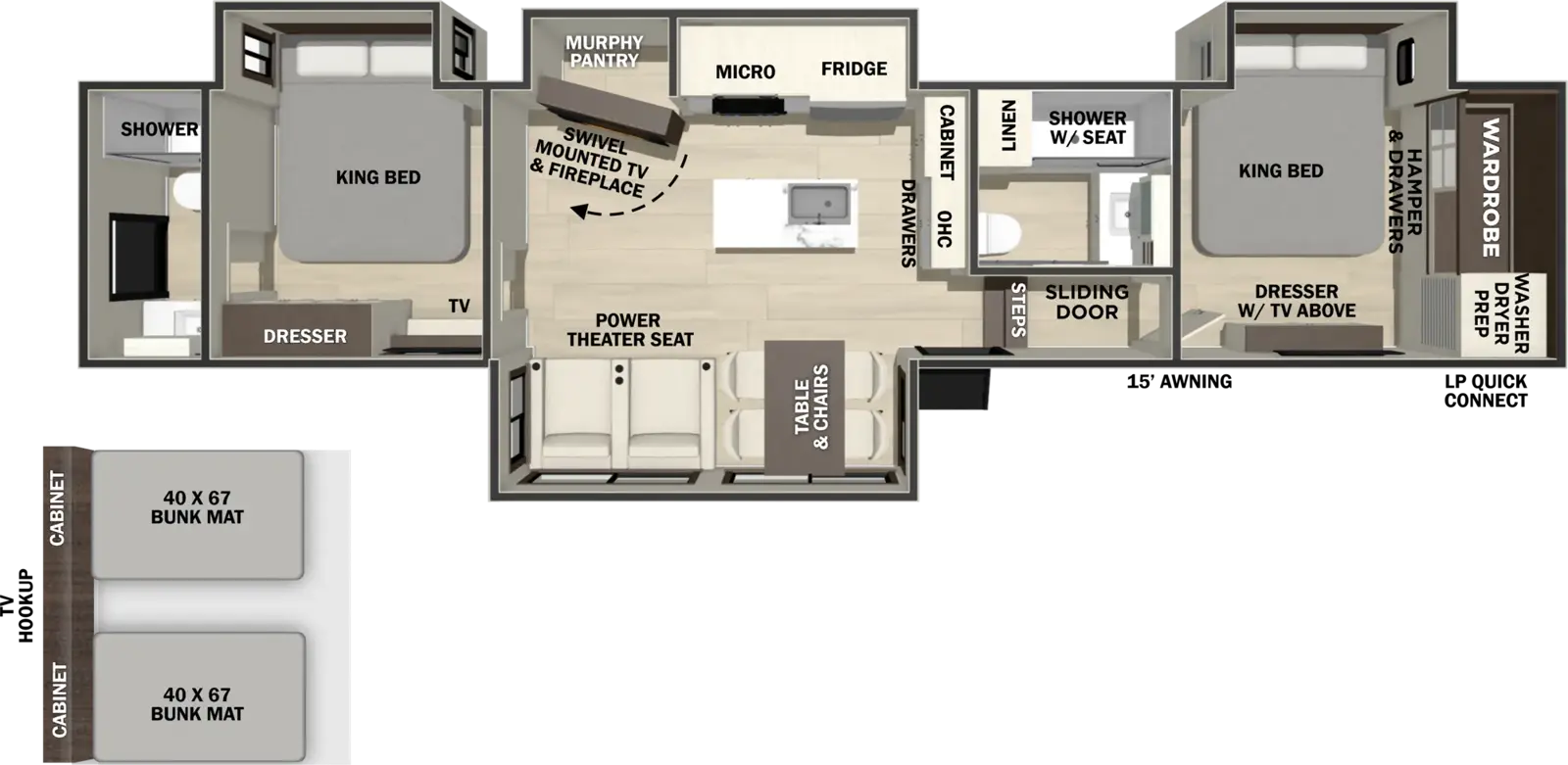 The Cedar Creek 380DB floorplan has two entries and four slide outs. Exterior features include: fiberglass exterior and 15' awning. Interiors features include: loft, kitchen island, free-standing dinette option, front bedroom, rear bathroom and two full bathrooms.