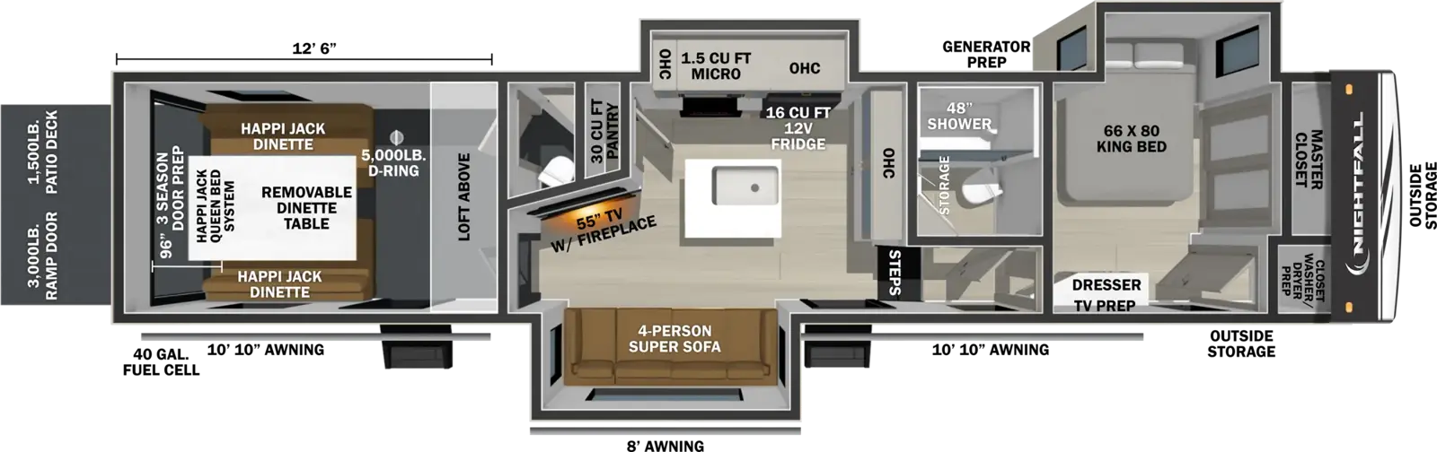 The Nightfall 343NHD floorplan is a toy hauler that has two entries and three slide outs. Exterior features include: fiberglass exterior, 10'10", 8' and & 10'10" awning. Interiors features include: kitchen island, front bedroom and bathroom and a half.
