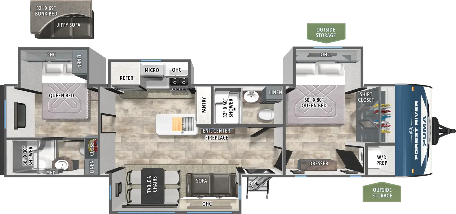 The Puma 340DB floorplan has one entry and four slide outs. Exterior features include: metal exterior and 21' awning. Interiors features include: bunk beds, front bedroom, rear bedroom, two bedrooms and two full bathrooms.