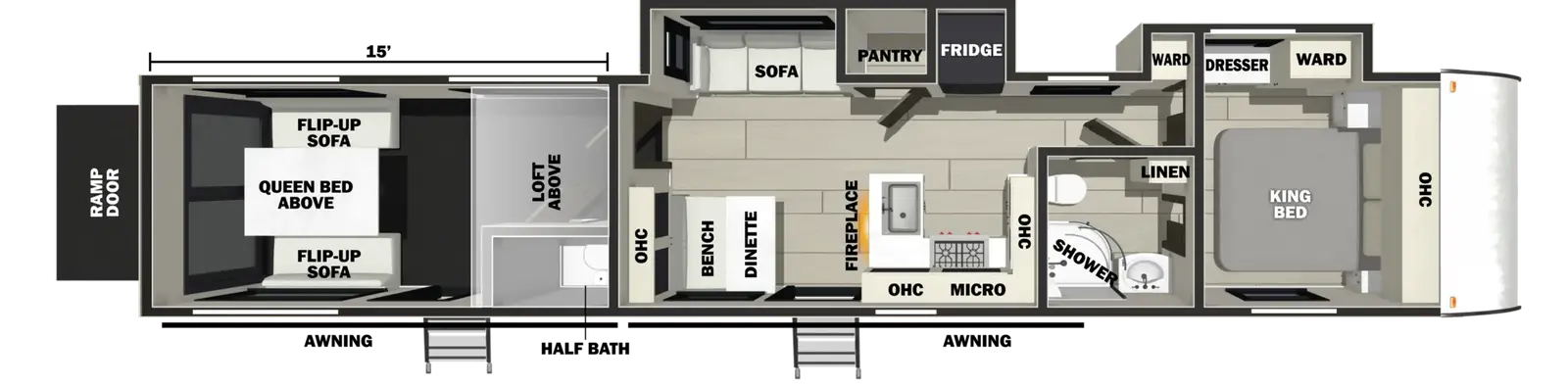The Vengeance Rogue Armored 4007G2 floorplan is a toy hauler that has two entries and two slide outs. Exterior features include: fiberglass exterior. Interiors features include: loft, front bedroom and bathroom and a half.