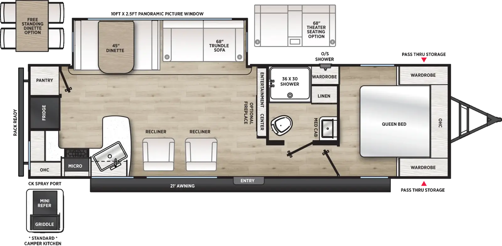 The Catalina Legacy Edition 283RKS floorplan has one entry and one slide out. Exterior features include: metal exterior, 21' awning and outside kitchen. Interiors features include: rear kitchen, free-standing dinette option and front bedroom.