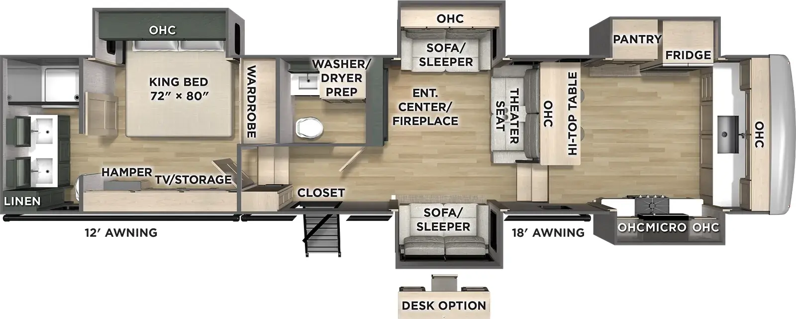 The Puma Mesa 388FKH floorplan has one entry and five slide outs. Exterior features include: fiberglass exterior and 12' & 18' awning. Interiors features include: front kitchen, rear bathroom and bathroom and a half.