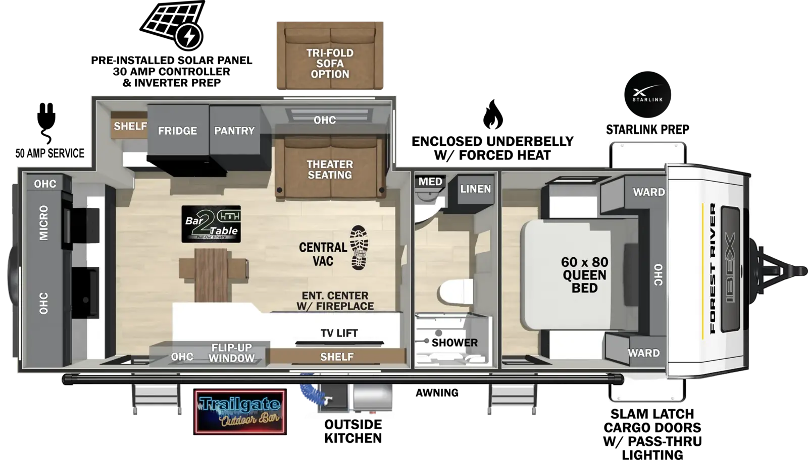 The Ibex 25MLB floorplan has two entries and one slide out. Exterior features include: fiberglass exterior and outside kitchen. Interiors features include: rear kitchen, front bedroom and pass through bathroom.
