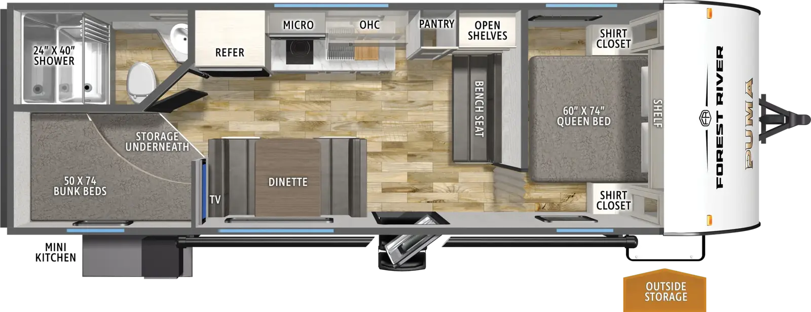 The Puma Camping Edition 260BHCE floorplan has one entry and zero slide outs. Exterior features include: metal exterior and outside kitchen. Interiors features include: bunk beds and front bedroom.
