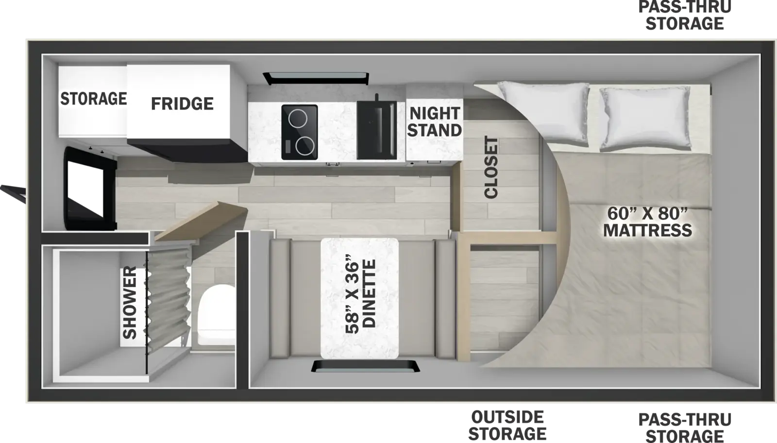 The Palomino O.V.E. 15.3 floorplan has one entry and zero slide outs. Exterior features include: fiberglass exterior and 6' Rear awning. 