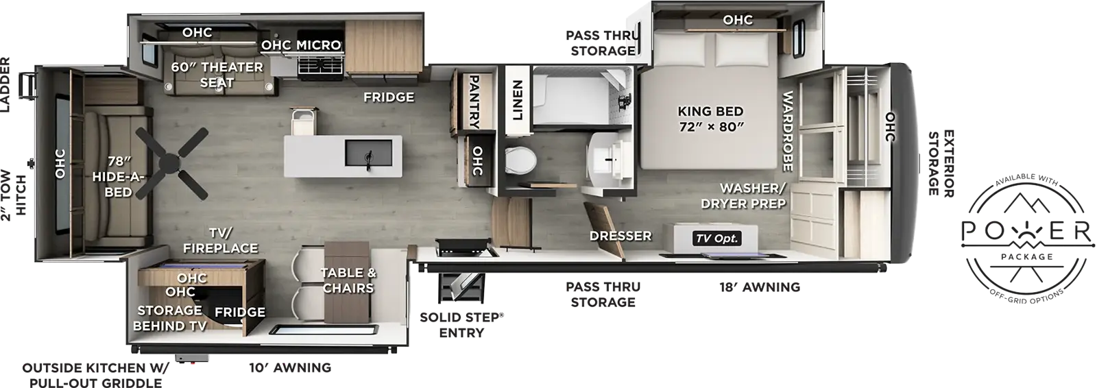 The Flagstaff Classic Fifth Wheels F372RL floorplan has one entry and three slide outs. Exterior features include: fiberglass exterior, 10' & 18' awning and outside kitchen. Interiors features include: kitchen island, front bedroom and rear living.
