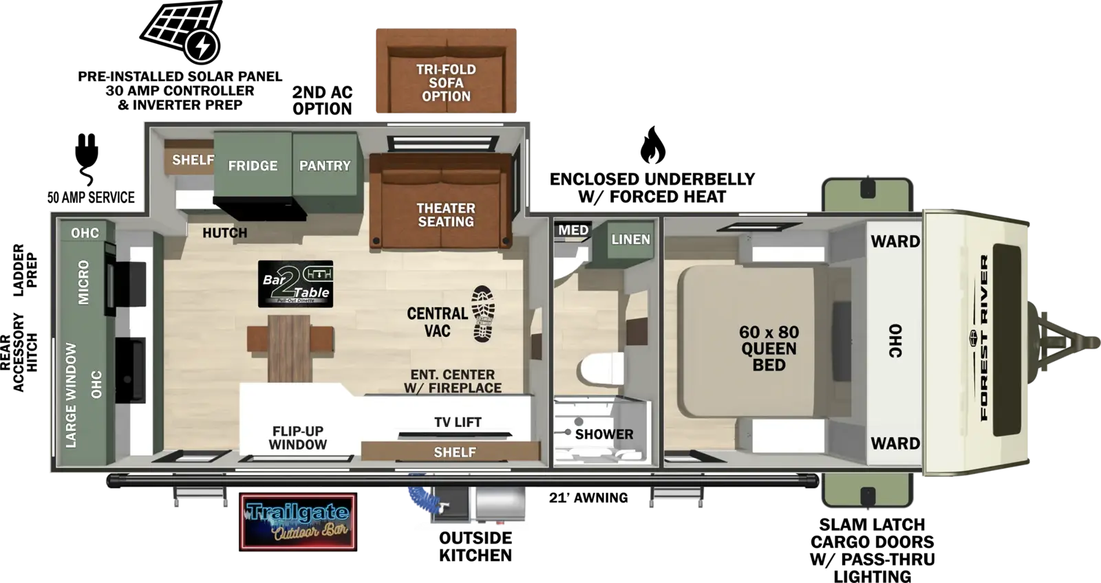 The No Boundaries NB20.6 floorplan has two entries and one slide out. Exterior features include: fiberglass exterior, 21' awning and outside kitchen. Interiors features include: rear kitchen, front bedroom and pass through bathroom.