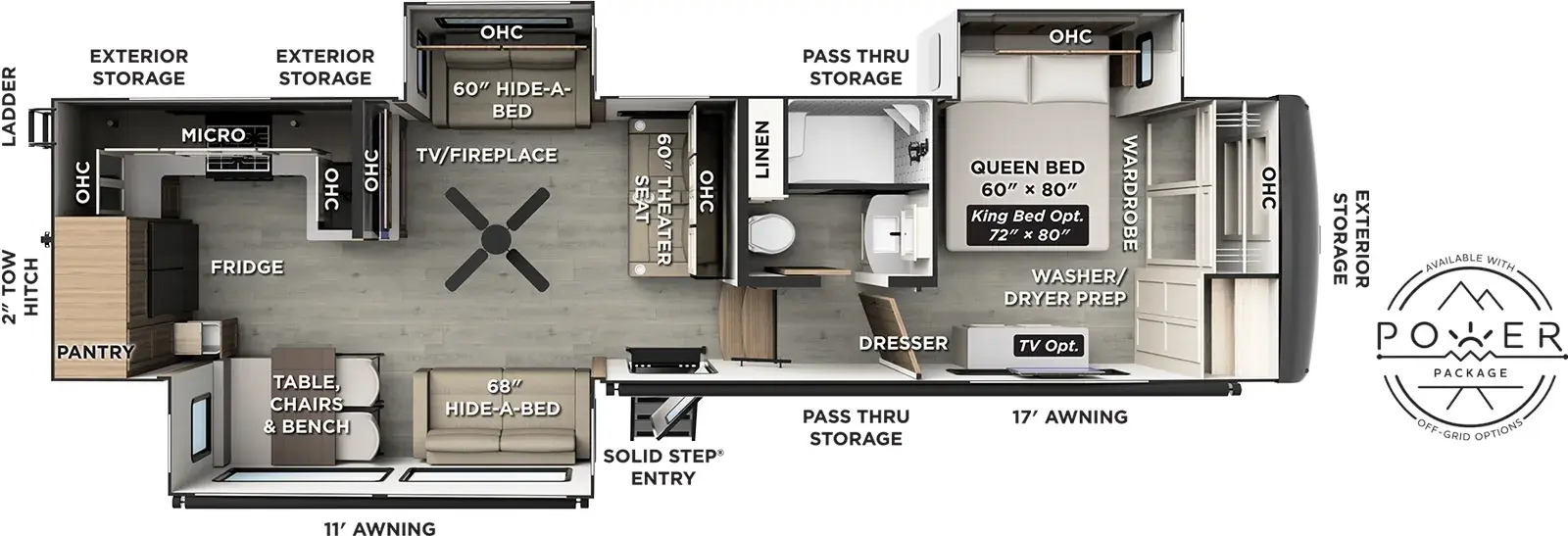 The Flagstaff Classic Fifth Wheels F371RK floorplan has one entry and three slide outs. Exterior features include: fiberglass exterior and 11' & 17' awning. Interiors features include: rear kitchen and front bedroom.