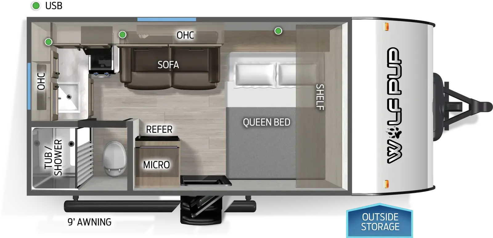 The Wolf Pup 14RKLP floorplan has one entry and zero slide outs. Exterior features include: metal exterior and 9' awning. Interiors features include: front bedroom.
