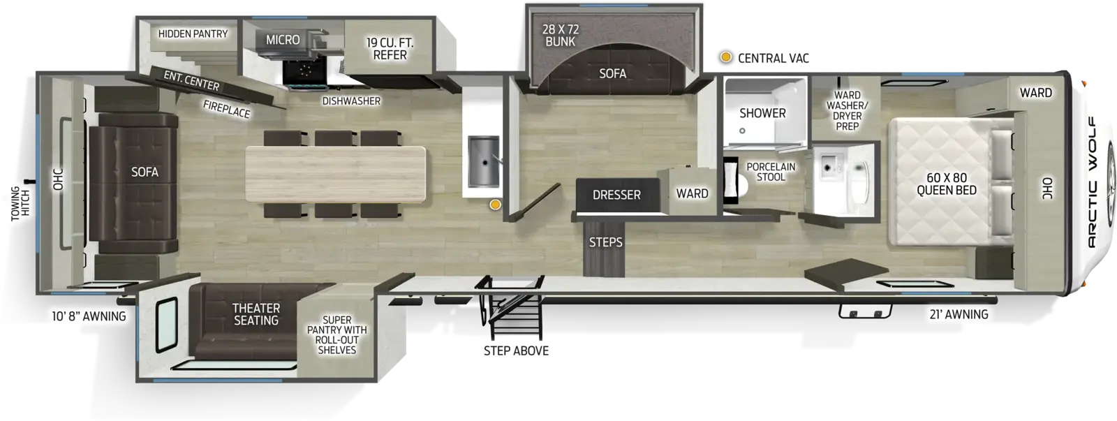 The Arctic Wolf 343MB floorplan has one entry and three slide outs. Exterior features include: fiberglass exterior and 10'8" & 21' awning. Interiors features include: bunk beds, kitchen island, front bedroom and rear living.