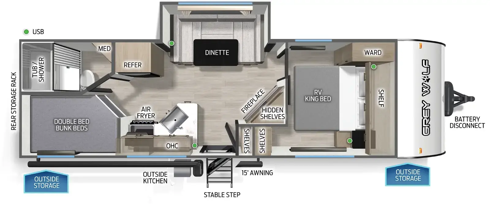 The Cherokee Black Label 23MSBL floorplan has one entry and one slide out. Exterior features include: fiberglass exterior, 15' awning and outside kitchen. Interiors features include: bunk beds, u-dinette and front bedroom.