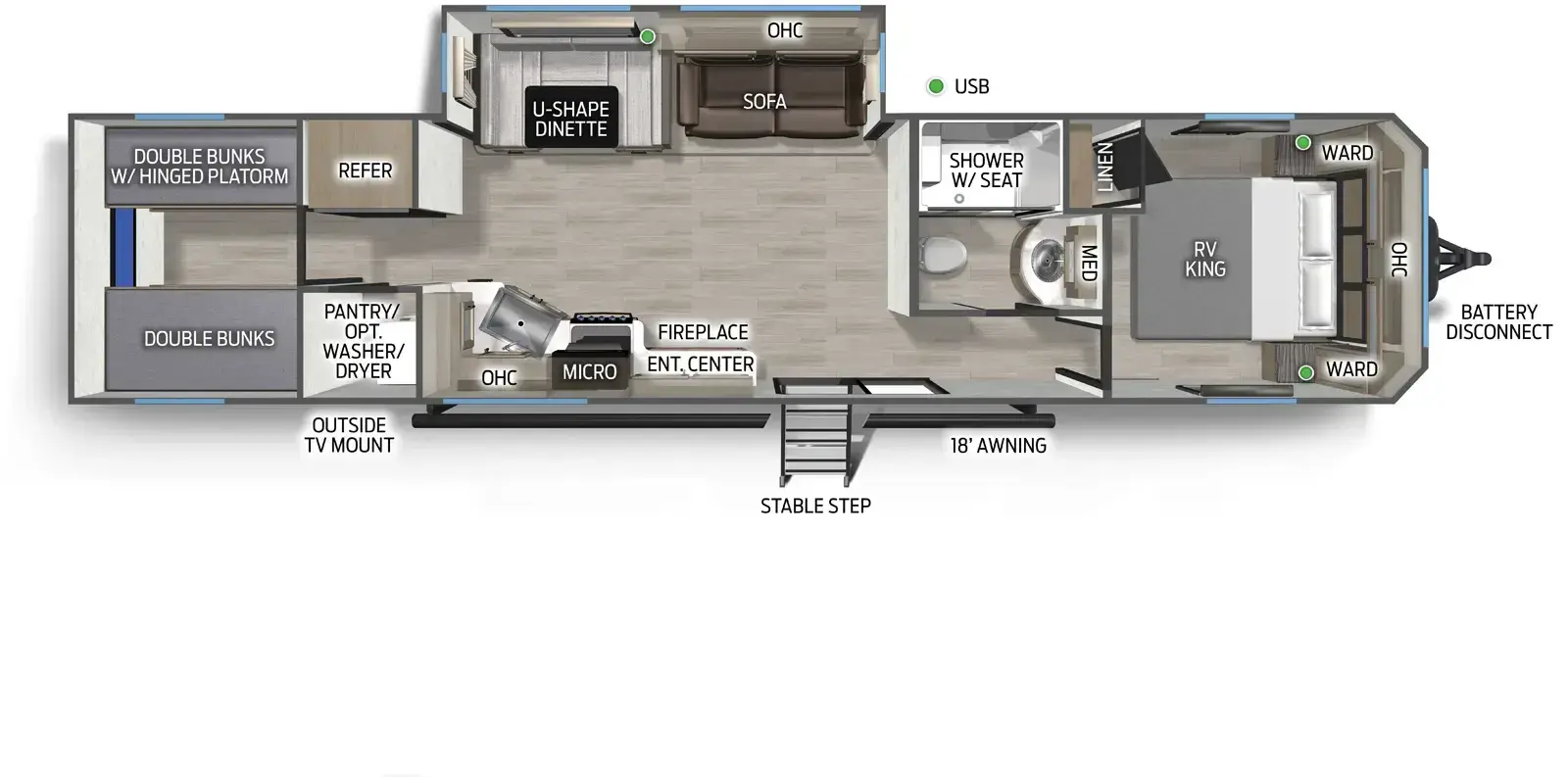 The Cherokee Black Label 39TNBL floorplan has one entry and one slide out. Exterior features include: fiberglass exterior and 18' awning. Interiors features include: bunk beds, u-dinette and front bedroom.