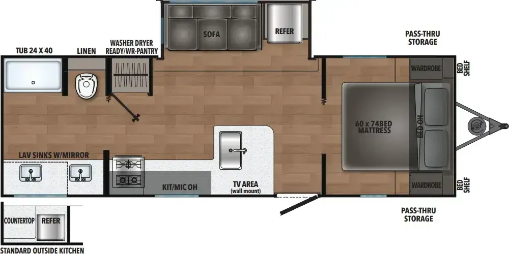 The Shasta I-5 Edition & Compact 526RBS floorplan has one entry and one slide out. Exterior features include: metal exterior and outside kitchen. Interiors features include: front bedroom and rear bathroom.