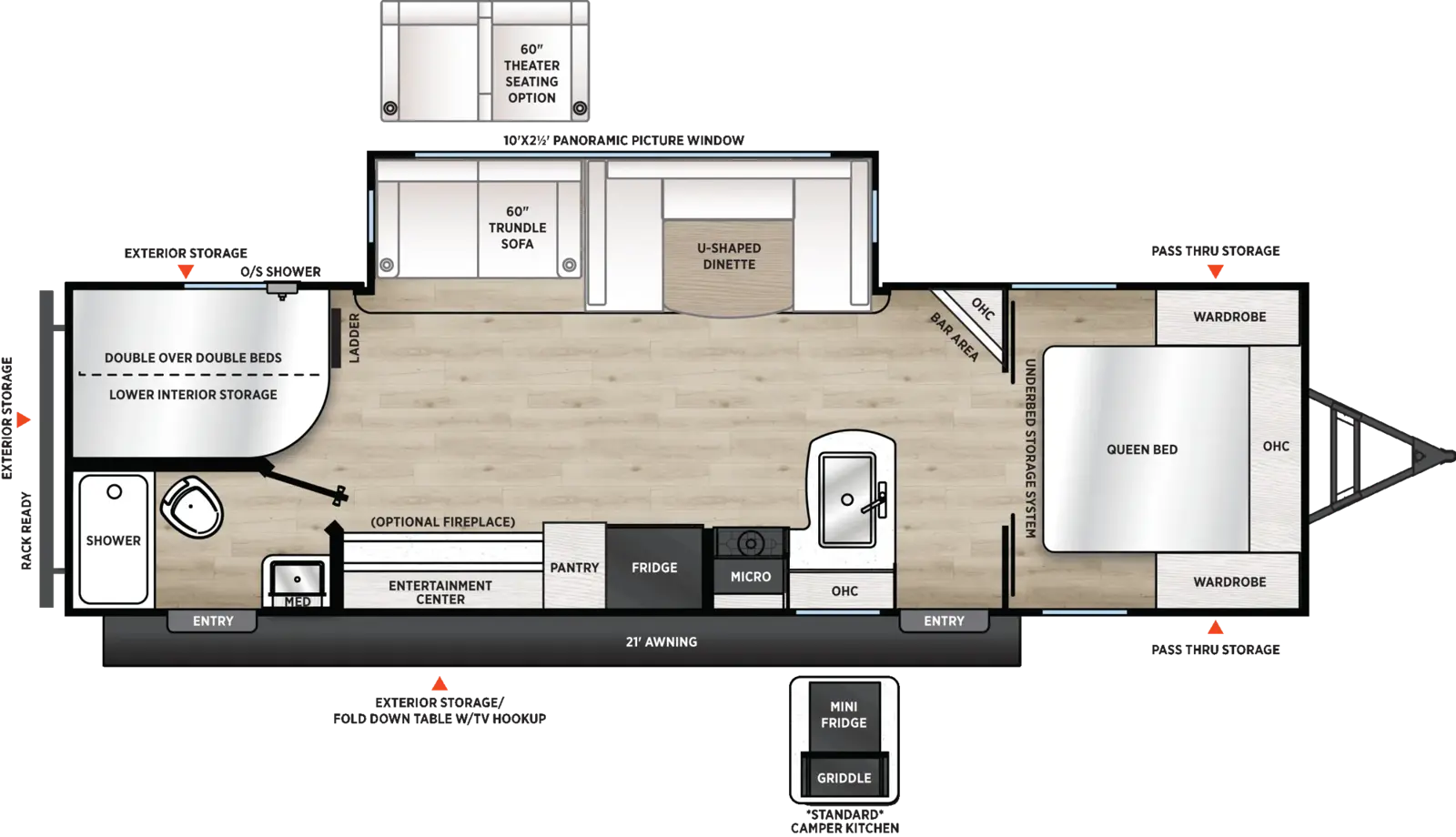 The Catalina Legacy Edition 273DBHCK floorplan has two entries and one slide out. Exterior features include: metal exterior, 21' awning and outside kitchen. Interiors features include: bunk beds, u-dinette and front living.