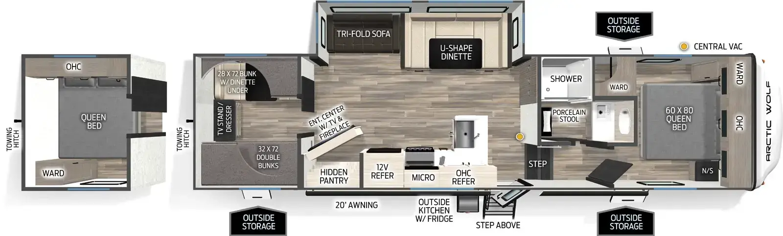 The Arctic Wolf 285OPT floorplan has one entry and one slide out. Exterior features include: fiberglass exterior, 20' awning and outside kitchen. Interiors features include: bunk beds, u-dinette, front bedroom and rear bedroom.