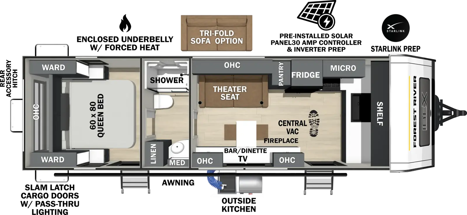The Ibex 26FKB floorplan has two entries and zero slide outs. Exterior features include: fiberglass exterior and outside kitchen. Interiors features include: front kitchen, rear bedroom and pass through bathroom.