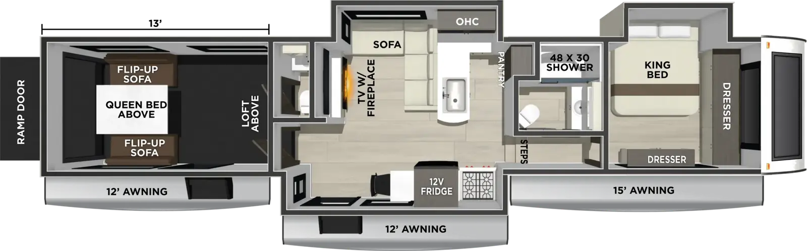 The Vengeance 4413 floorplan is a toy hauler that has two entries and three slide outs. Exterior features include: fiberglass exterior and 12' & 15' awning. Interiors features include: loft, front bedroom and bathroom and a half.