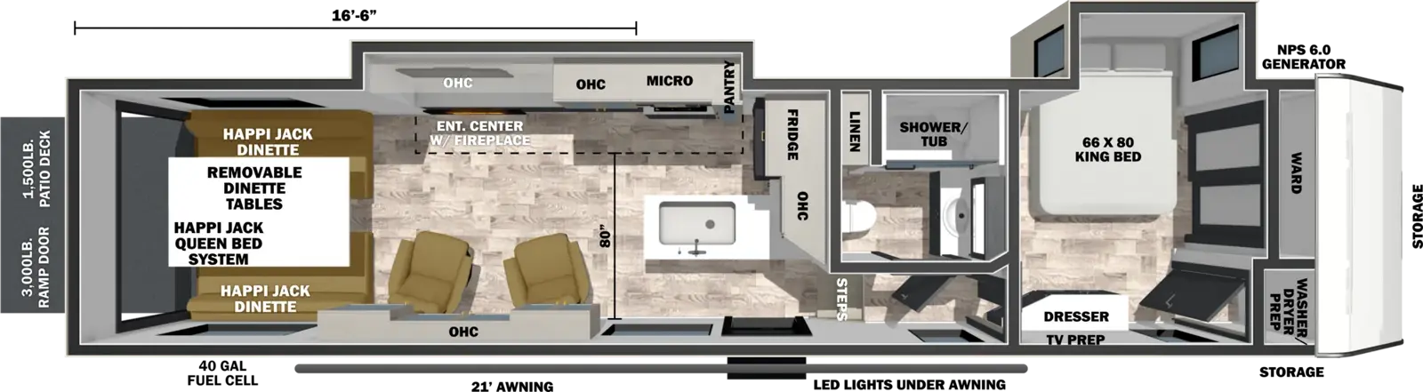 The XLR Nitro 32W17 floorplan is a toy hauler that has one entry and two slide outs. Exterior features include: fiberglass exterior and 20' awning. Interiors features include: front bedroom.