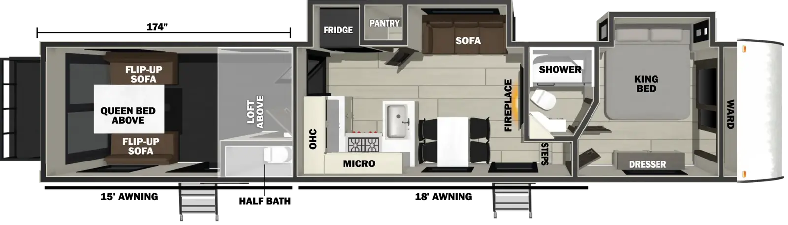 The Vengeance Rogue Armored 4015 floorplan is a toy hauler that has two entries and two slide outs. Exterior features include: fiberglass exterior and 15' & 18' awning. Interiors features include: loft, free-standing dinette option, front bedroom and bathroom and a half.