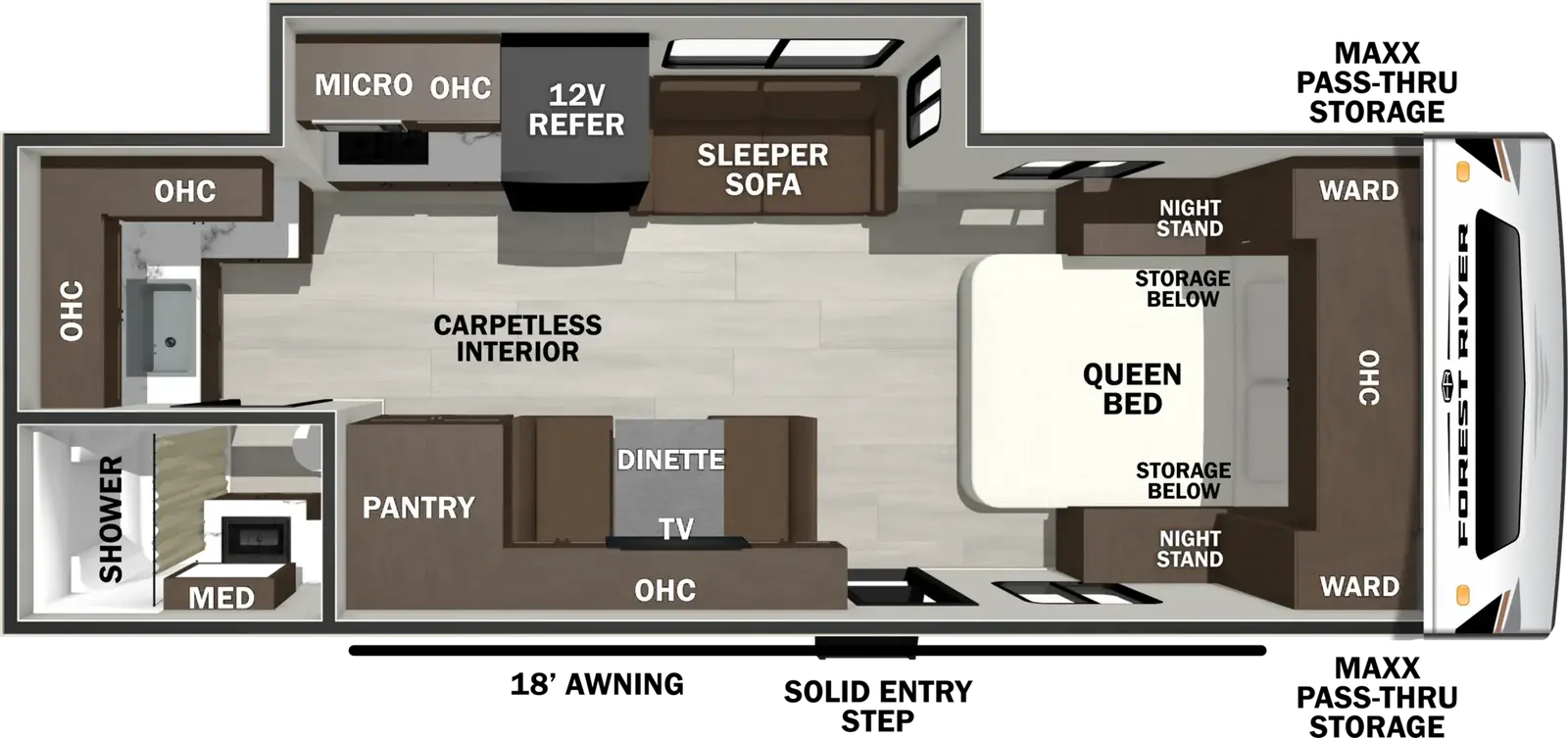 The Wildcat Travel Trailers 221CHEF floorplan has one entry and one slide out. Exterior features include: fiberglass exterior and 18' awning. Interiors features include: front bedroom.