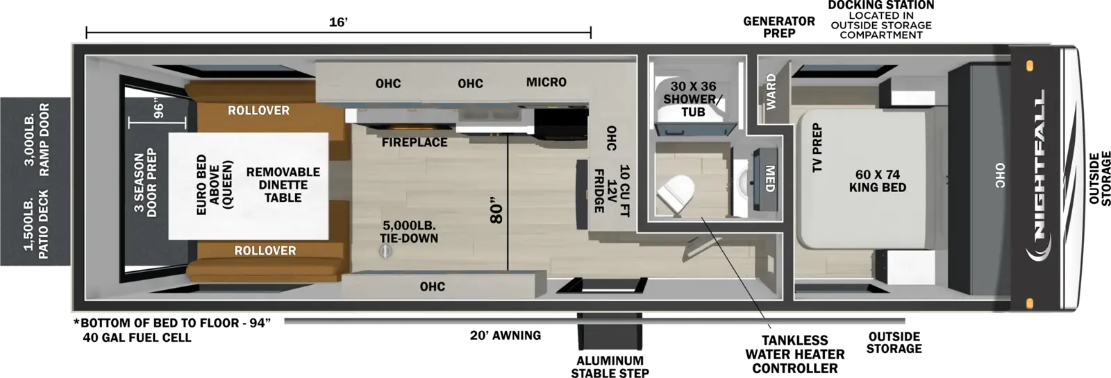The Nightfall 270N floorplan is a toy hauler that has one entry and zero slide outs. Exterior features include: fiberglass exterior and 20' awning. Interiors features include: front bedroom.