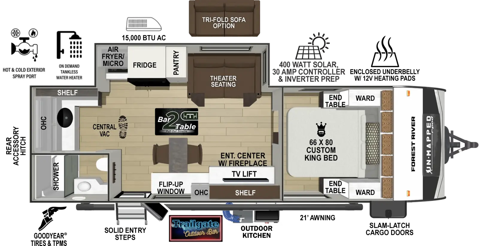 The Un-Mapped 23MK floorplan has one entry and one slide out. Exterior features include: fiberglass exterior, 21' awning and outside kitchen. Interiors features include: front bedroom.
