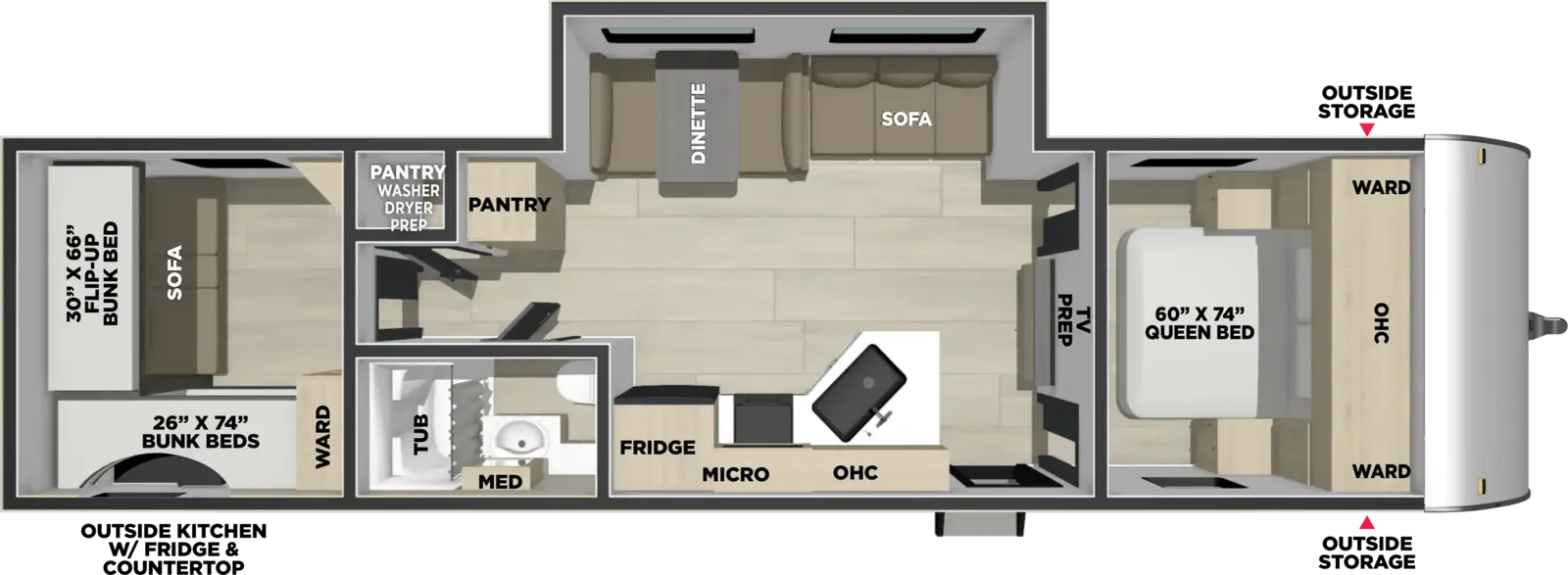 The Northern Spirit DLX & Compact 5300BQB floorplan has one entry and one slide out. Exterior features include: metal exterior and outside kitchen. Interiors features include: bunk beds, u-dinette and front bedroom.