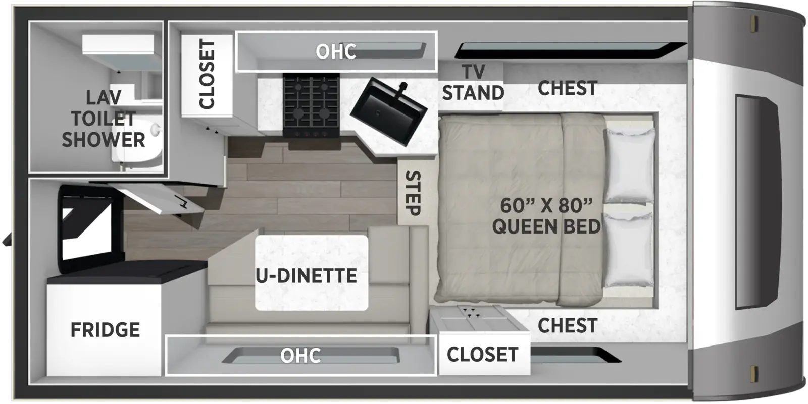 The Real-Lite Truck Camper HS-1806 floorplan features include: toilet.