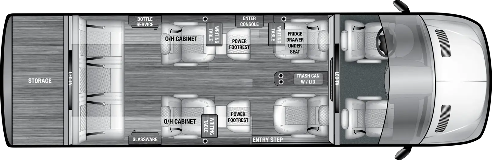 The VDRIVE 9RB floorplan has one entry and zero slide outs. Exterior features include: 8' 2" awning. Interiors features include: captain chairs.