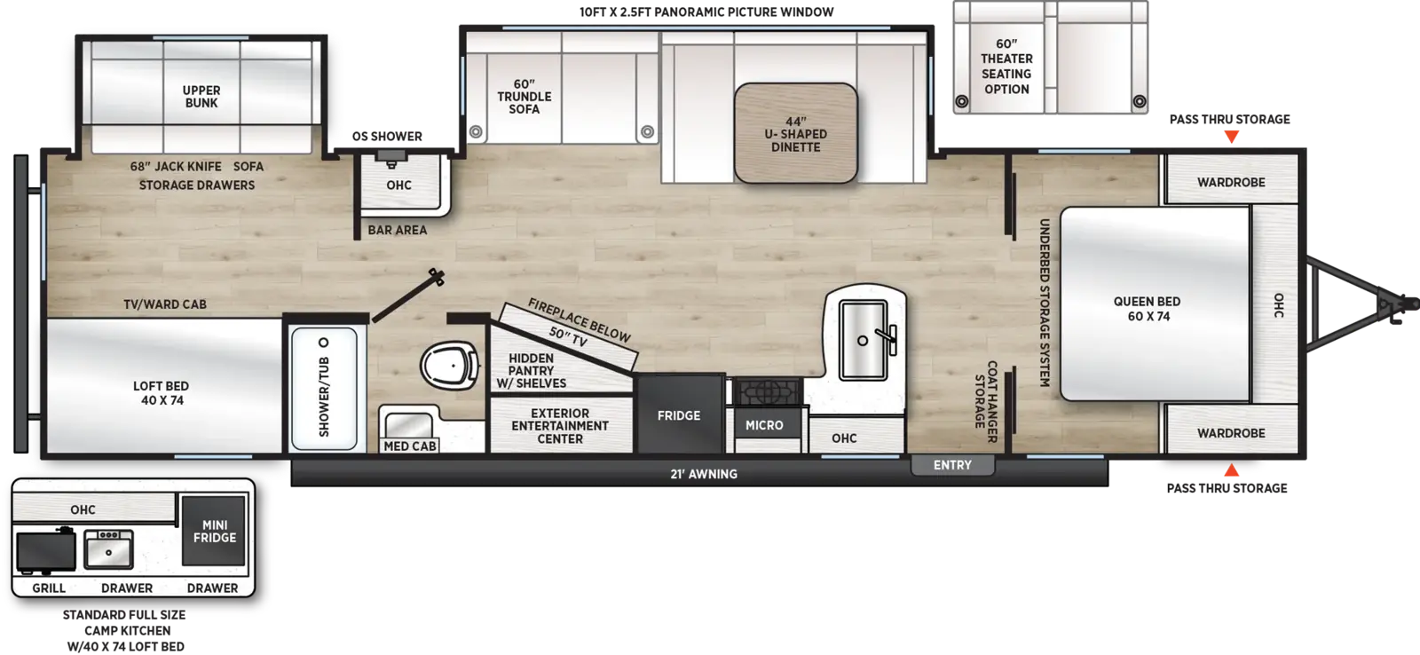 The Aurora 32BDS floorplan has one entry and two slide outs. Exterior features include: metal exterior, 21' awning and outside kitchen. Interiors features include: bunk beds, loft, u-dinette and front bedroom.