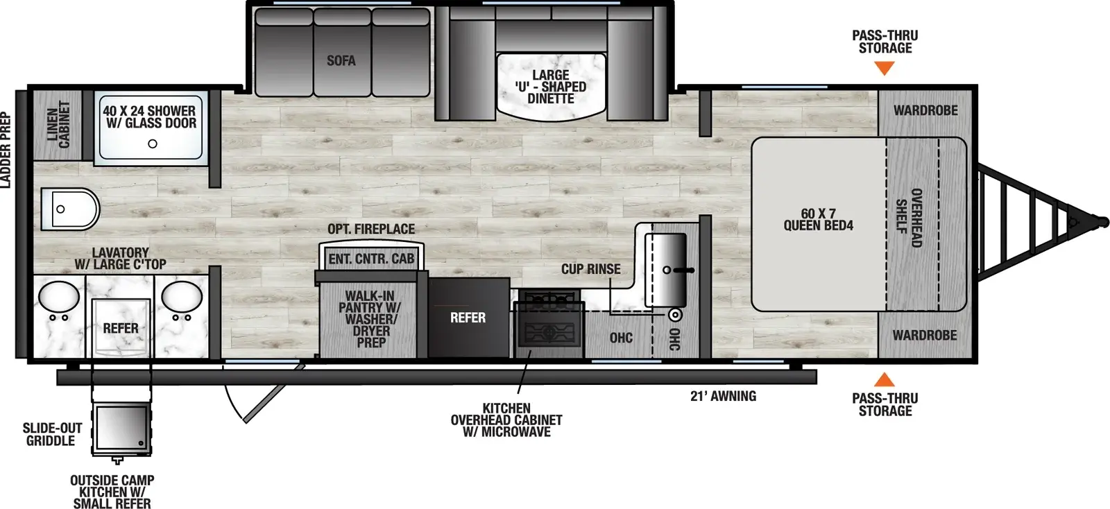 The Viking Travel Trailers 25RB floorplan has one entry and one slide out. Exterior features include: metal exterior, 21' awning and outside kitchen. Interiors features include: u-dinette, front bedroom and rear bathroom.