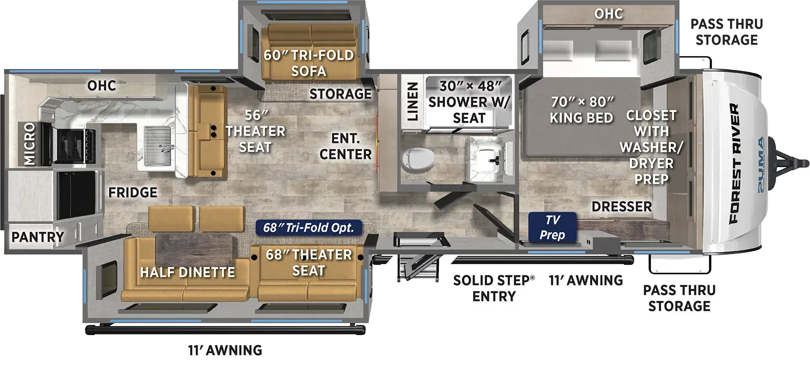 The Puma Tracks 3060RKTS floorplan has one entry and three slide outs. Exterior features include: fiberglass exterior and 11' & 11' awning. Interiors features include: rear kitchen and front bedroom.