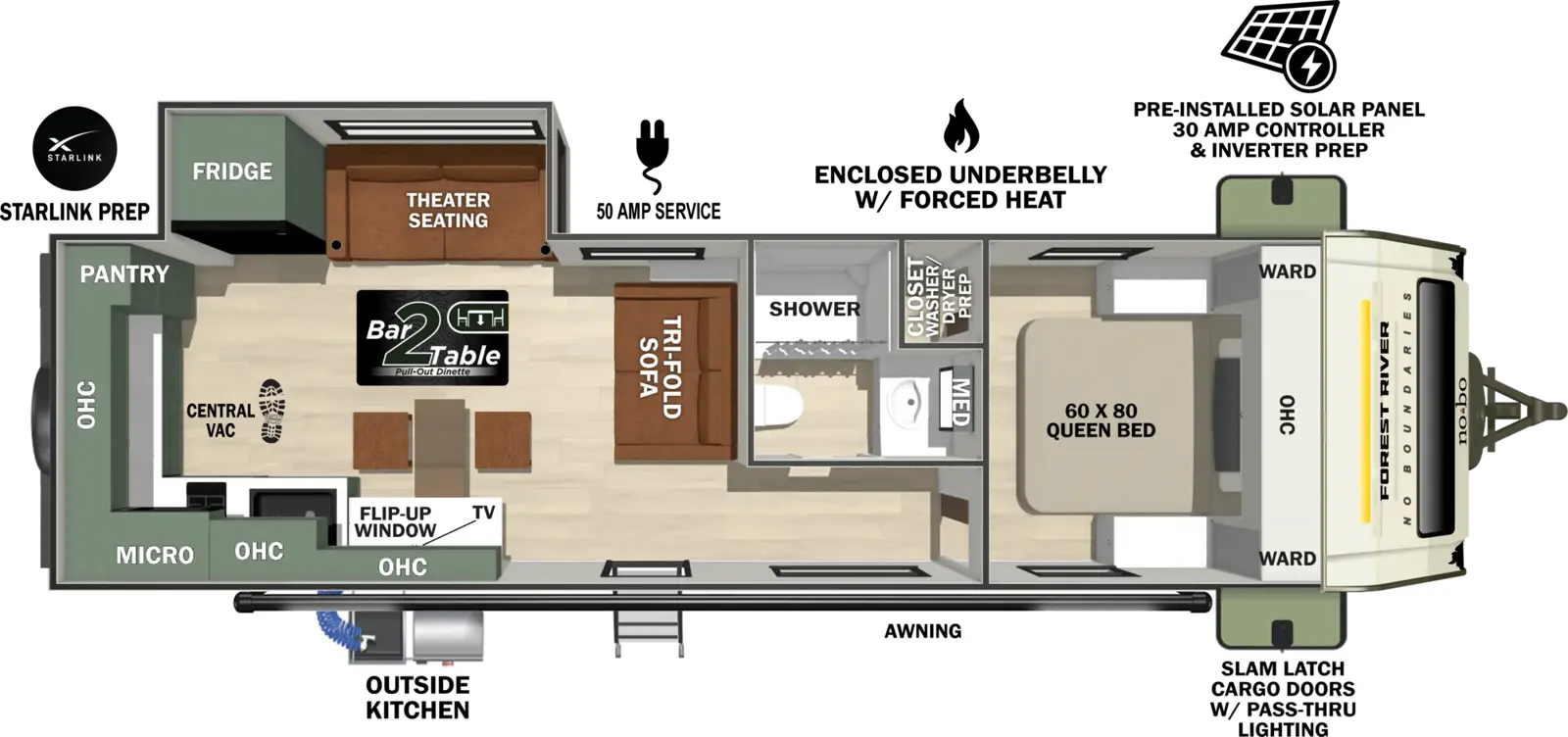 The No Boundaries NB20.8 floorplan has one entry and one slide out. Exterior features include: fiberglass exterior, 20' awning and outside kitchen. Interiors features include: rear kitchen and front bedroom.