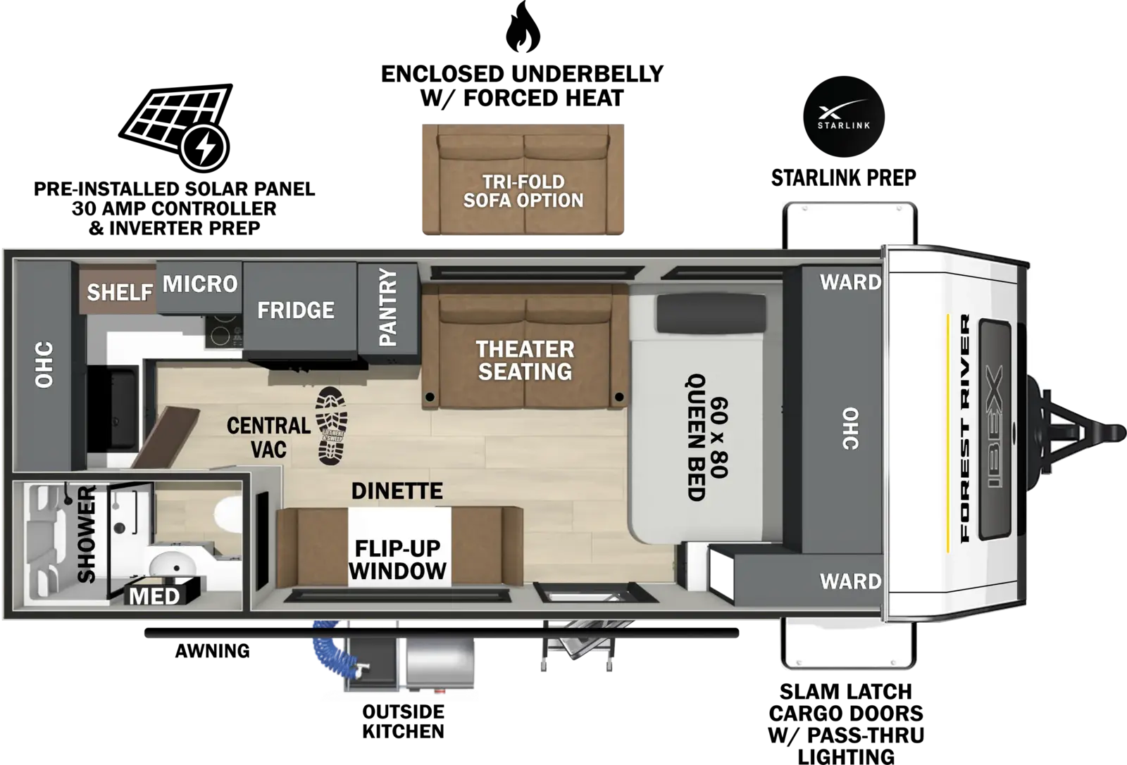 The Ibex 16RKD floorplan has one entry and zero slide outs. Exterior features include: fiberglass exterior and outside kitchen. Interiors features include: front bedroom.