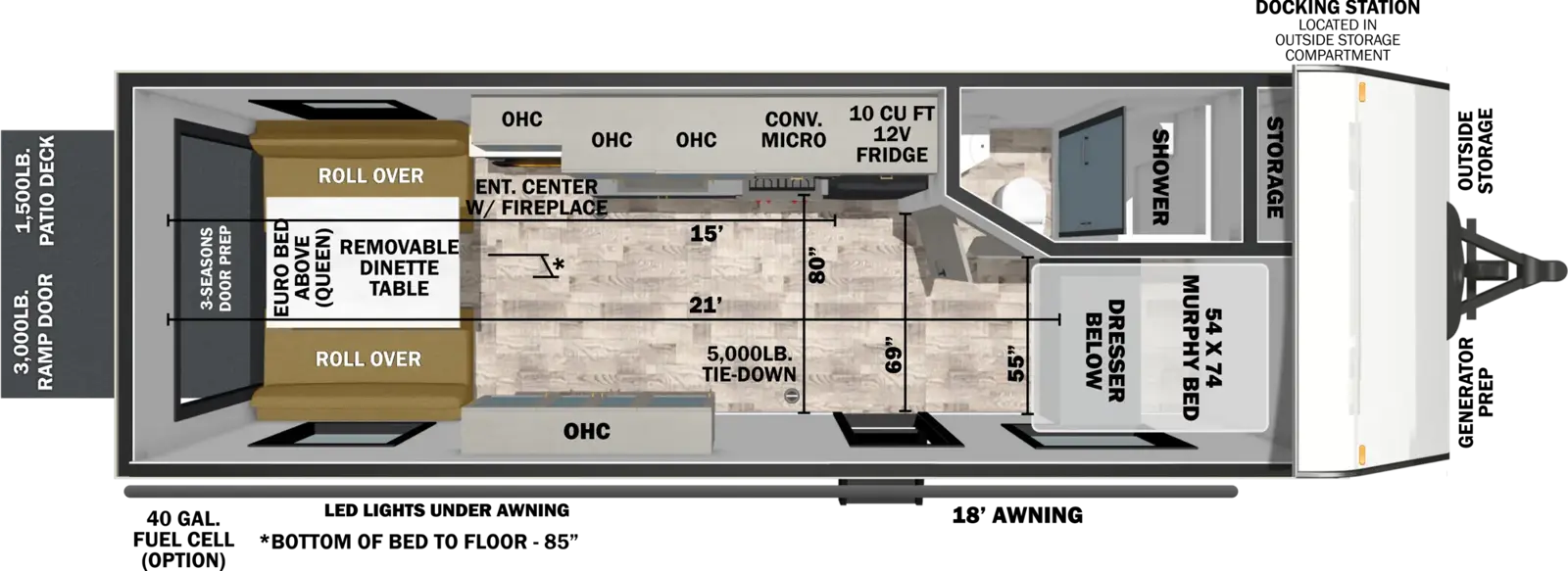 The XLR Boost 2115B floorplan is a toy hauler that has one entry and zero slide outs. Exterior features include: fiberglass exterior and 18' awning. Interiors features include: murphy bed.