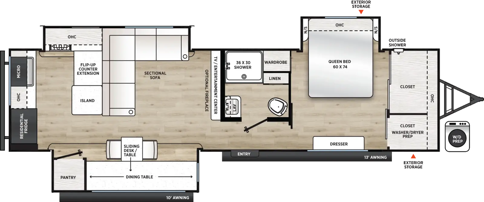 The Catalina Legacy Edition 323MAZE floorplan has one entry and three slide outs. Exterior features include: metal exterior and 10' & 13' awning. Interiors features include: rear kitchen and front bedroom.