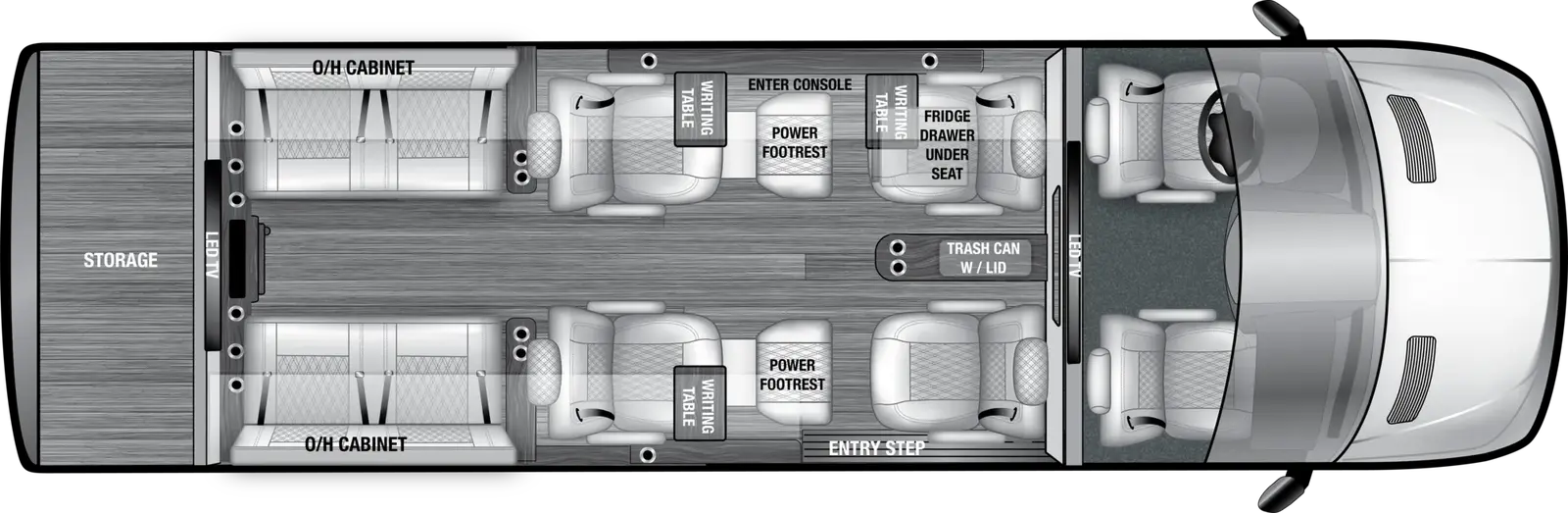 The VDRIVE 10OB floorplan has one entry and zero slide outs. Interiors features include: captain chairs.