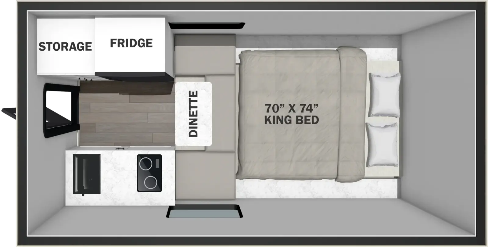 The Real-Lite Truck Camper SS-1600 floorplan features include: 